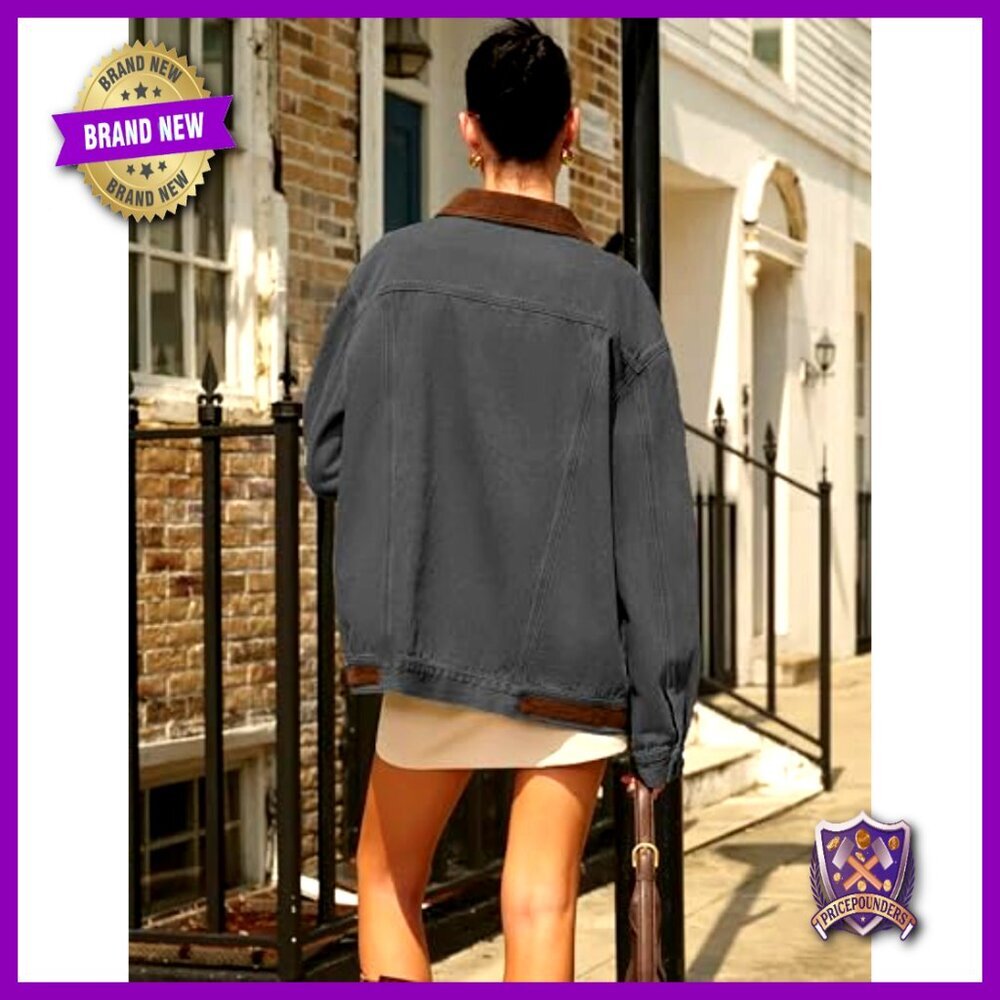 Oversized Denim Shacket Jacket Vintage Collar Button Down Relaxed Fit Chic - Picture 5 of 5